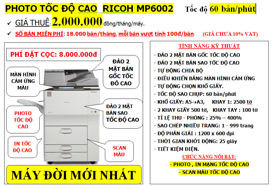 Cho thuê Máy Photocopy tốc độ cao Ricoh MP6002